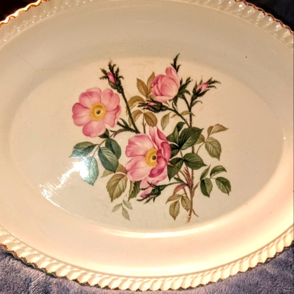Vintage 22kGold"Wild Rose" pattern 12 inch Royal Gadroon Harker Pottery platter.